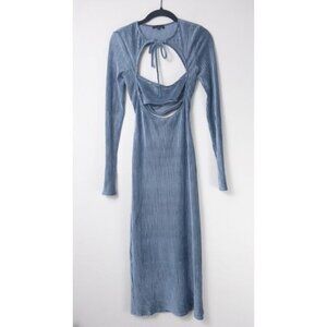 NEW h:ours Cutout Ribbed Velvet Midi Dress S Crushed Blue Tie